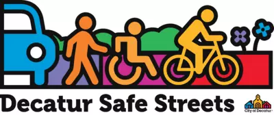 Decatur Safe Streets logo, featuring a vehicle, pedestrian, wheelchair user, and cyclist.