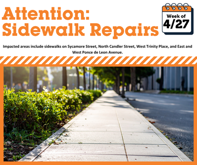 sidewalk work closure graphic with photo of sidewalk listing closures in downtown Decatur