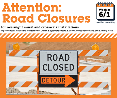 Road closure graphic with photo of closure sign and detour